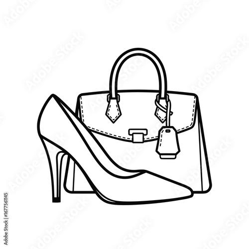 A stylish high-heeled shoe is placed in front of a fashionable handbag.