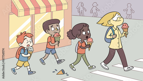Friends Ice Cream Outing with Funny Street Incident – Vector Illustration of Casual Gathering and Happiness