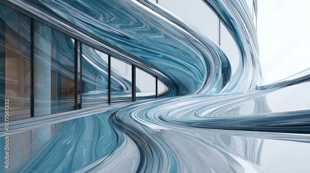 Obraz premium A futuristic, flowing architectural interior with swirling, translucent, aqua-toned surfaces, showcasing a dynamic, modern design.