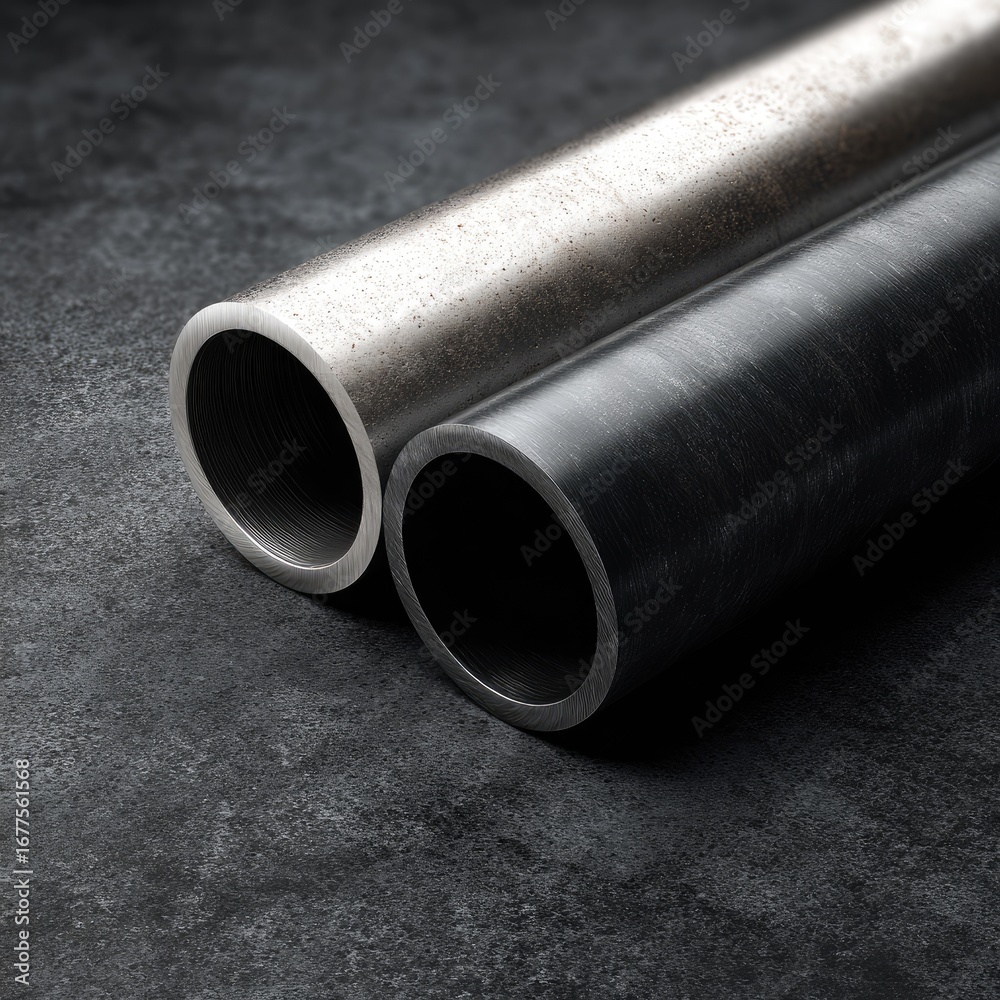 Fototapeta premium Two metal pipes, light and dark gray, on dark surface