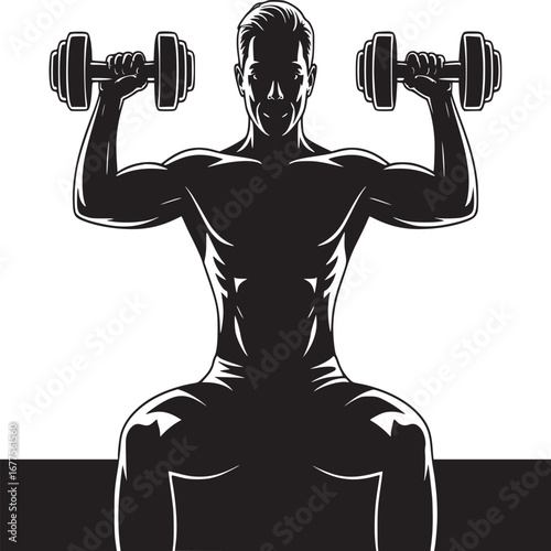 Silhouette of muscular man lifting dumbbells overhead in a black and white graphic illustration
