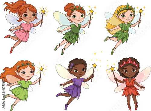 Cute cartoon fairies with magic wands, flying fantasy characters, colorful vector illustration for kids, magical girls in whimsical fairy costumes