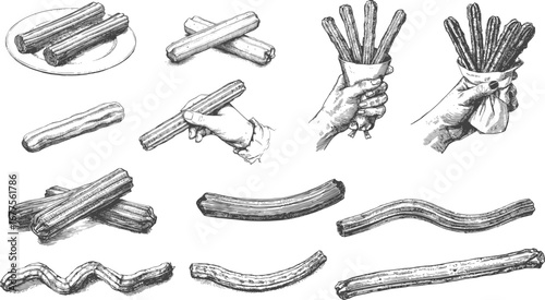 Big set of churros, vintage style. Churros on the plate, hands, holding pack of traditional spanish food and etc. Vector black collection isolated on white background.