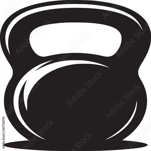 A simple black and white graphic of a kettlebell on a plain white background in a minimalist style