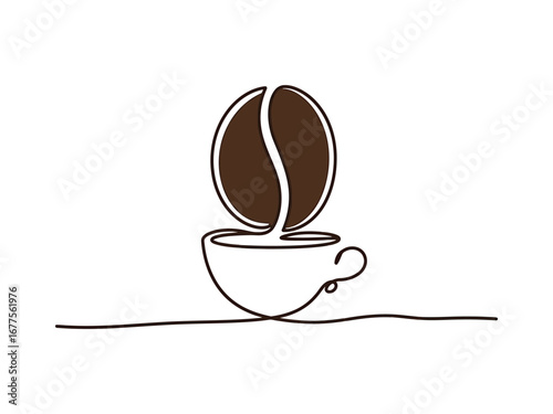 Simple Coffee Cup and Bean Logo Design One Line Art