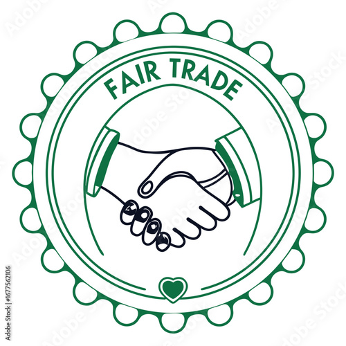 A green circular seal with the words 'Fair Trade' and a handshake illustration, symbolizing ethical business and partnership.