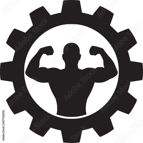 Silhouette of a muscular man flexing inside a gear wheel on a white background illustration