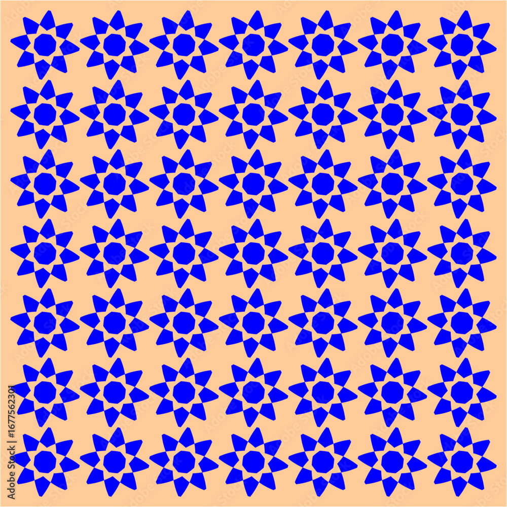 Fototapeta premium A vibrant grid of radiant blue flowers blooms across a warm peach canvas, symbolizing harmony, repetition, balance, and the endless beauty of symmetry.