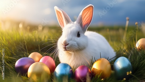 white rabbit surrounded by colorful easter eggs in a grassy field with a soft background