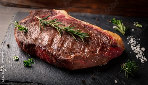 thick dry aged ribeye steak garnished with fresh herbs on dark background