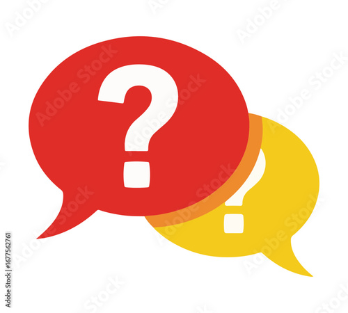 Two overlapping speech bubbles, one red and one yellow, each containing a white question mark.