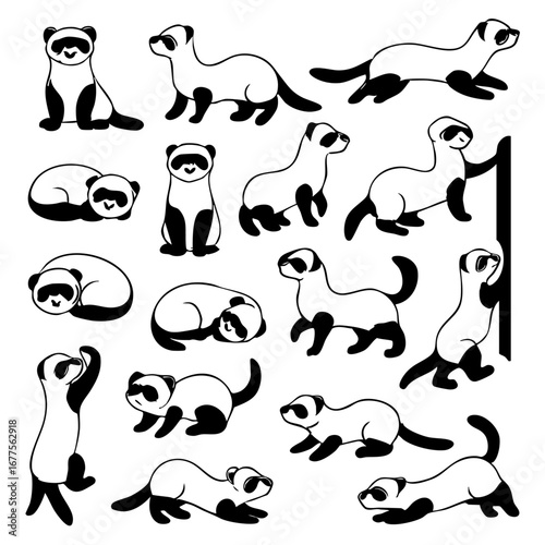 Black and White Ferret Vector Set – 20 Playful Cartoon Ferrets in Sleeping, Running, Climbing, and Sitting Poses – Clean Flat Style with Scalable Outlines – No Gradients or Raster
