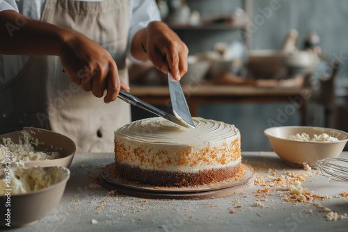 Tynkowanie tortu – staranne pokrywanie biszkoptu kremem dla idealnie gładkiego efektu.