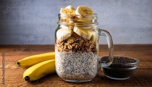 a glass jar holds layered overnight oats with chia seeds banana slices and granola offering a nutritious and convenient breakfast option