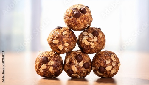 a pyramid stack of homemade energy balls featuring oats and chocolate chips perfect as a healthy snack or dessert