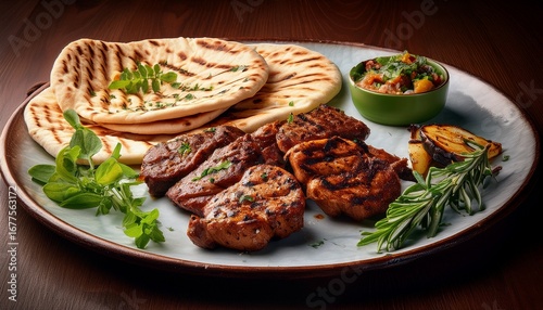 delicious grilled meat served with flatbreads and fresh garnishes