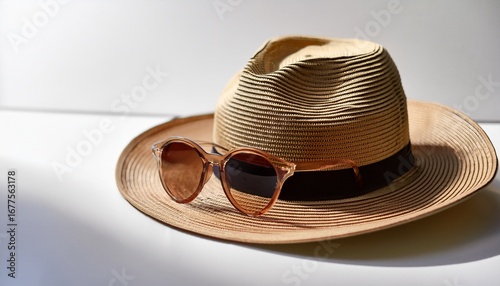a stylish hat and sunglasses are displayed prominently against a clean white background highlighting their fashionable design and summer appeal