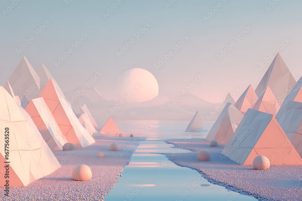 Naklejka premium A serene, pastel-hued landscape, featuring geometric pyramids along a tranquil shoreline, bathed in soft, diffused light.