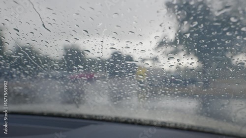 Rain falling on car windscreen 