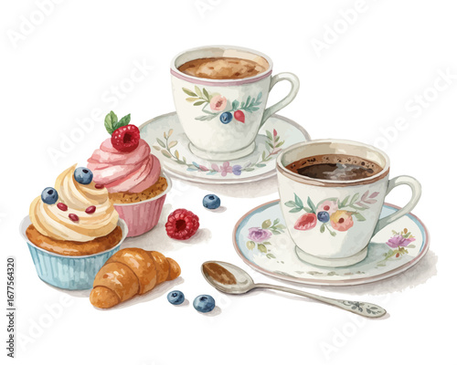 Watercolor coffee & tea cups with pastries