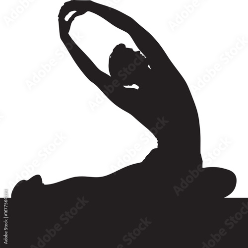 Silhouette of person stretching arms overhead while seated in a yoga pose on a white background
