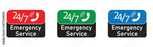 24/7 Emergency Service Icon Set, Customer Service Badge in Multiple Colors