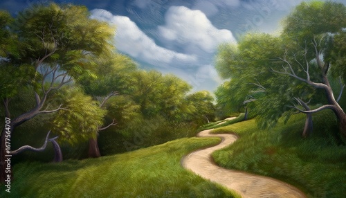 painting of a winding path through trees with a cloudy background