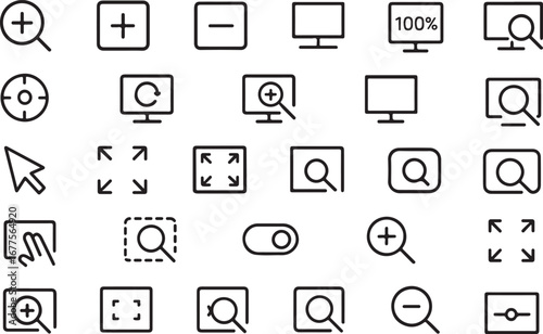 Modern digital user interface icons representing zoom in out magnifying glass resize screen full screen and functionality elements