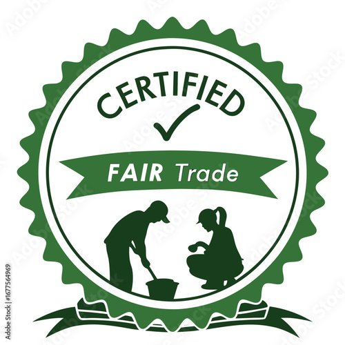 Fair Trade certification logo featuring a green circular design with text and silhouettes of people working.