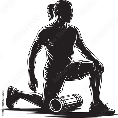 Silhouette of a man kneeling with a foam roller isolated on white background for exercise and fitness