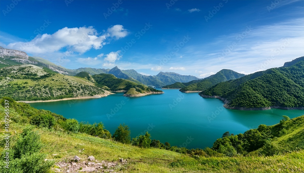 Naklejka premium serene landscape featuring tranquil lake surrounded by lush green mountains and vibrant blue skies evoking sense of peace and natural beauty