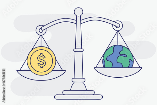 Balancing the economy and the environment: a scale with money and the Earth.