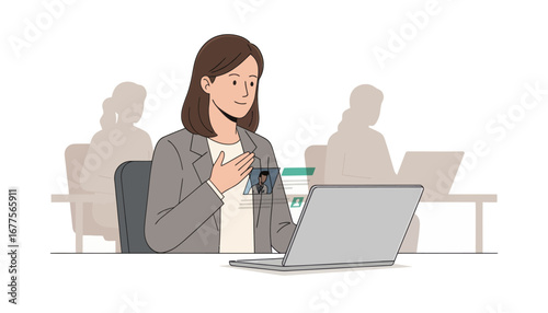 Businesswoman using laptop in a virtual meeting, hands on chest, colleagues in background.