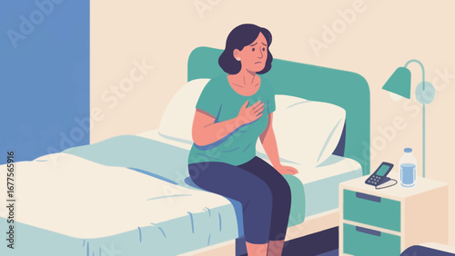 A woman sits on a bed, clutching her chest, appearing distressed and unwell.