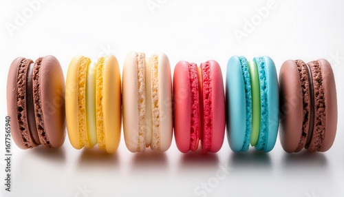 assortment of colorful macarons arranged in rows on white