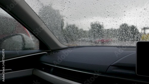Rain falling on car windscreen 