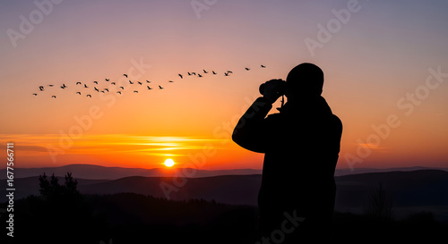 Silhouette of a birdwatcher with binoculars observing a flock of migrating birds against a stunning orange and purple sunset sky over rolling hills.