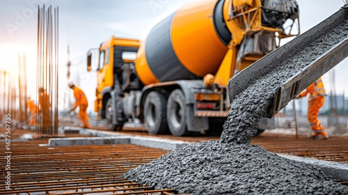 Concrete mixer truck pouring cement over metal grid at construction site