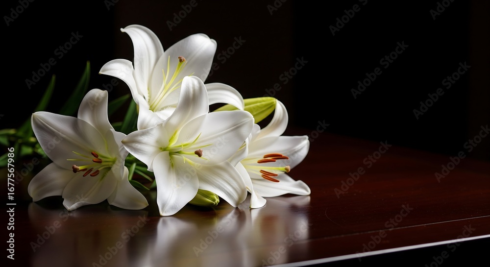 Fototapeta premium White Lilies Resting on a Dark Wooden Surface and a Calm and Respectful Vibe