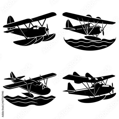 Four black and white seaplanes with pontoons floating on water in a symmetrical arrangement style