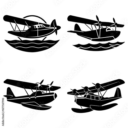 Four black and white illustrations of vintage seaplanes on water in various perspectives and orientations