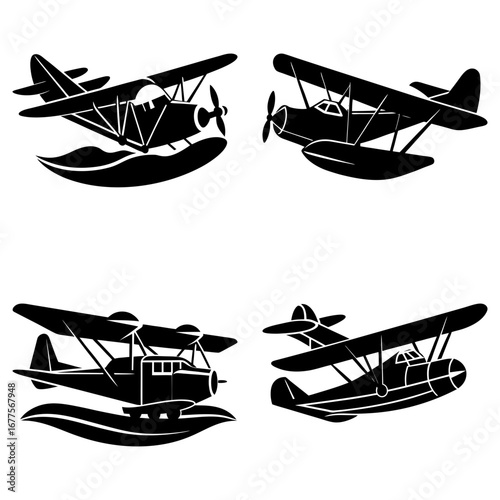 Illustration of four vintage seaplanes with biplane wings and pontoon floats in black and white design