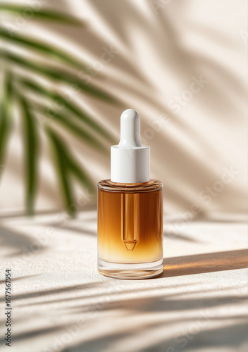Amber glass dropper bottle for skincare or cosmetic product mockup with natural shadows and sunlight