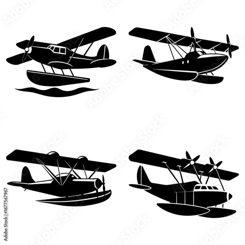 Four black and white silhouette illustrations of vintage seaplanes with propellers and pontoon floats