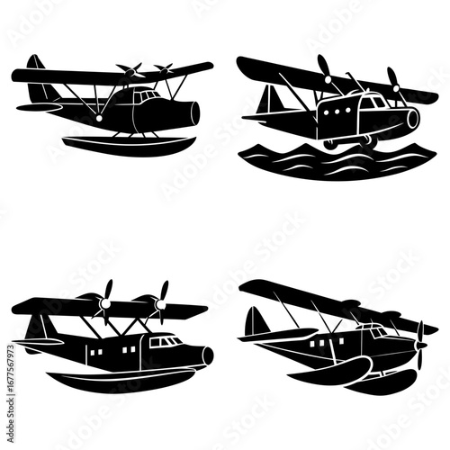 Collection of four black and white seaplanes with propellers in various positions and orientations