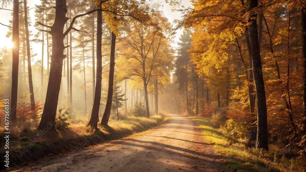 Fototapeta premium a sun drenched forest path in autumn tall slender