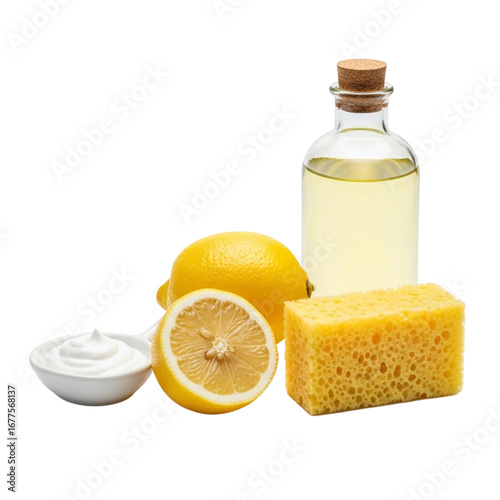  Natural cleaning set with lemon, oil, and sponge  
