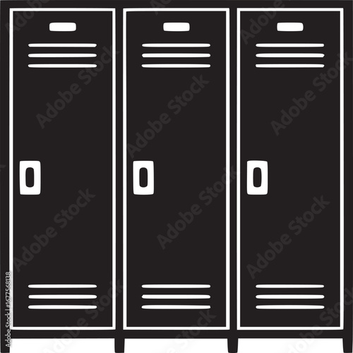 A simple black and white illustration of three lockers in a row against a white background space