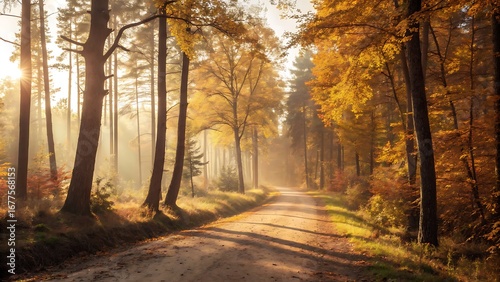 Fototapeta Naklejka Na Ścianę i Meble -  a sun drenched forest path in autumn  tall  slender