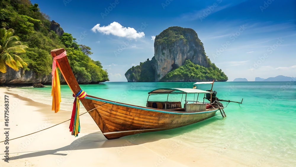Obraz premium A traditional long tail boat with a wooden hull and